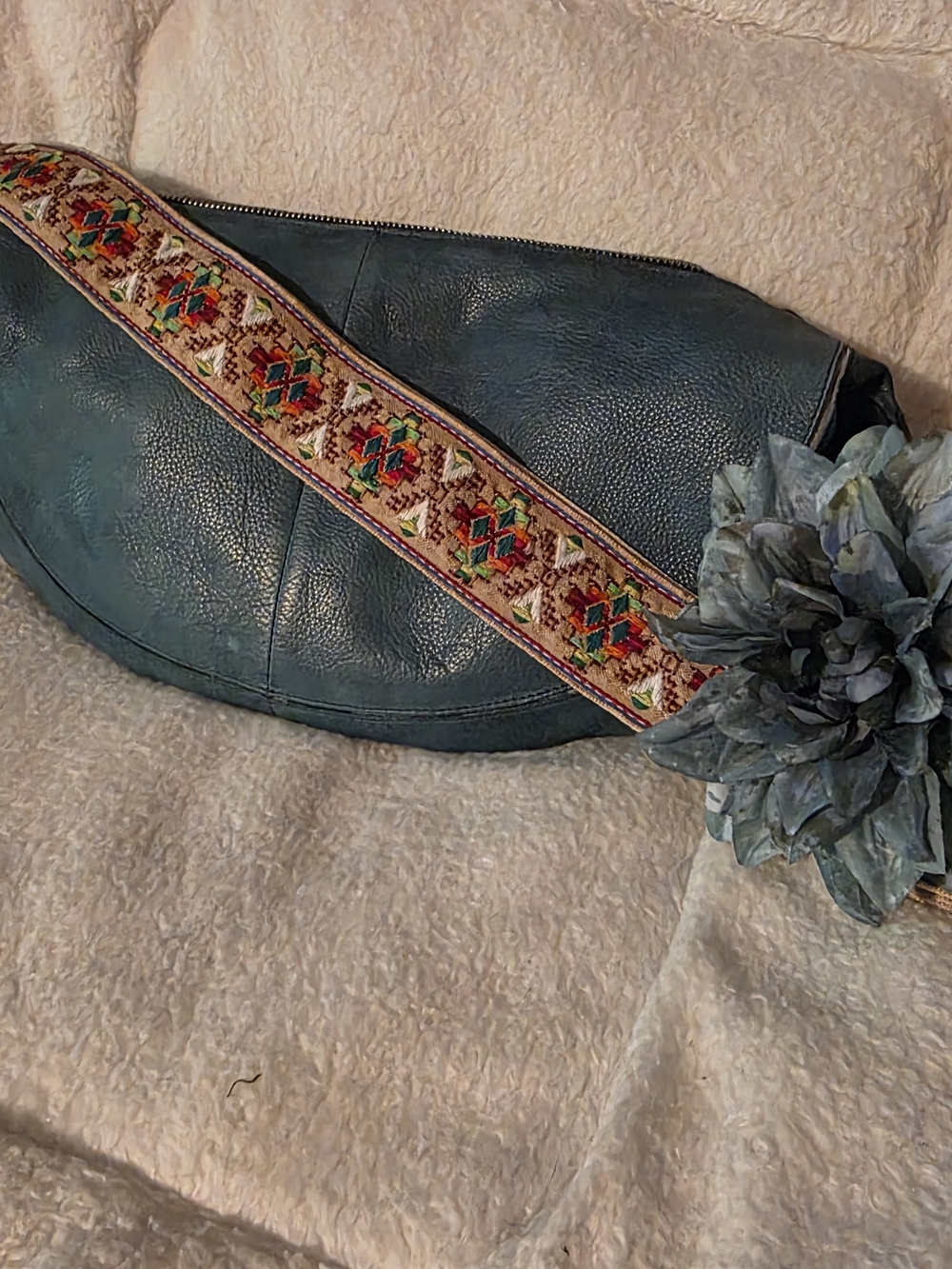 latico Teal Leather Crossbody with Embroidered Multi-Color Strap